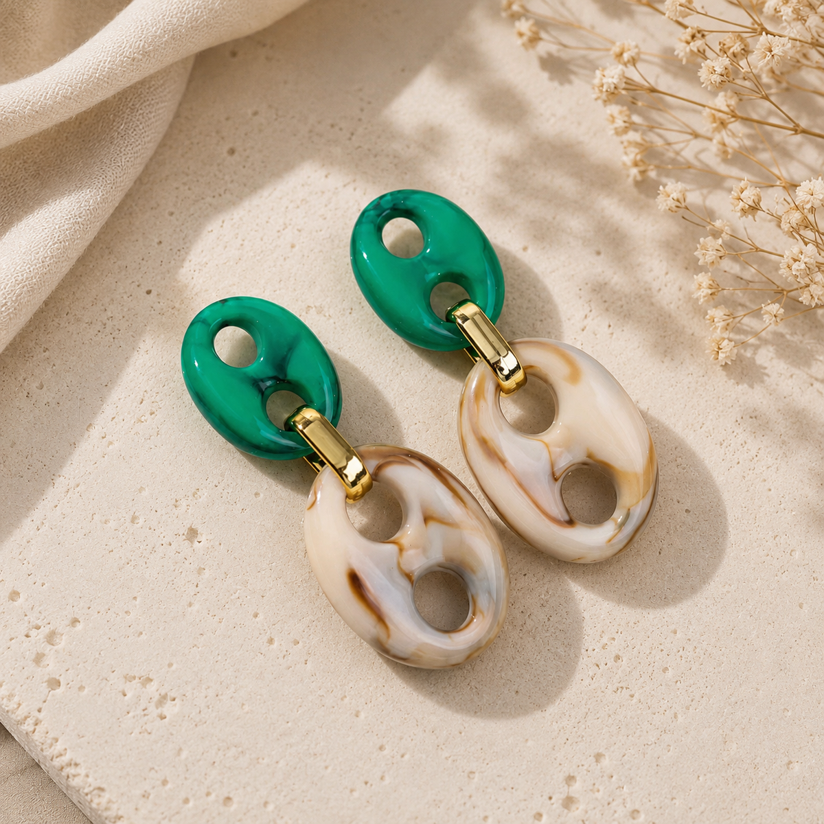 Groen & Marble Bean Schakel Oorbellen