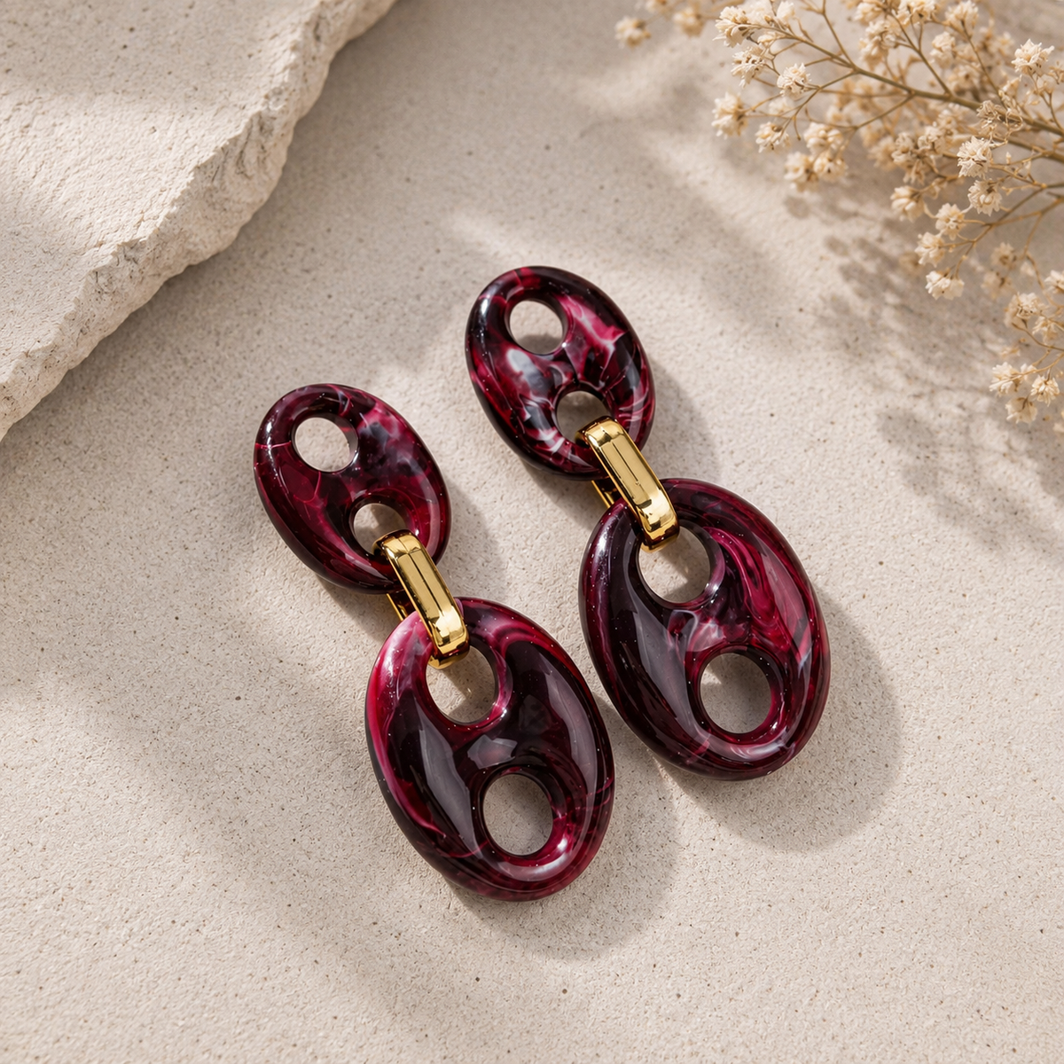 Bordeaux Marble Bean Schakel Oorbellen