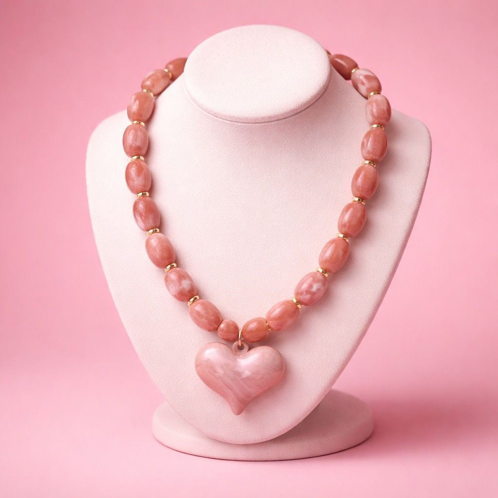 Ketting Beads And Heart Old Pink