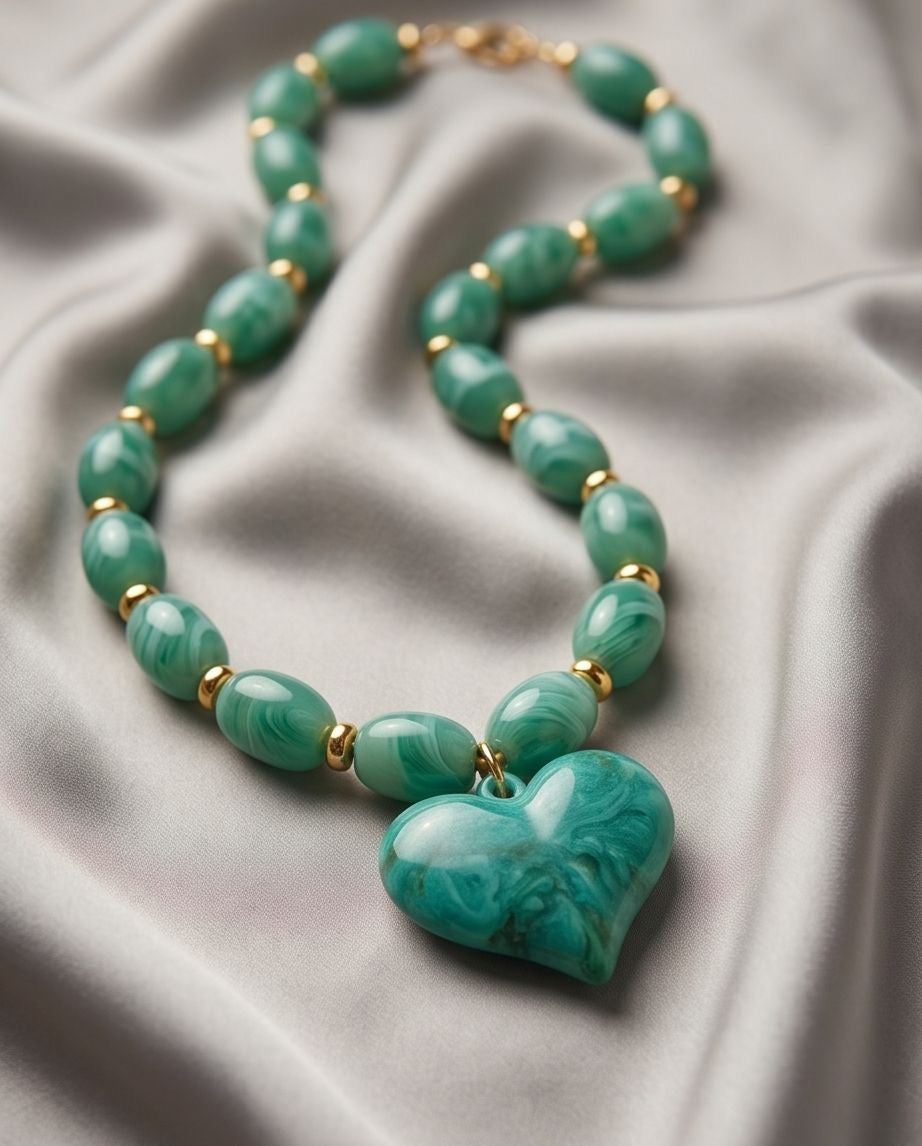 Ketting Beads And Heart Jade Groen
